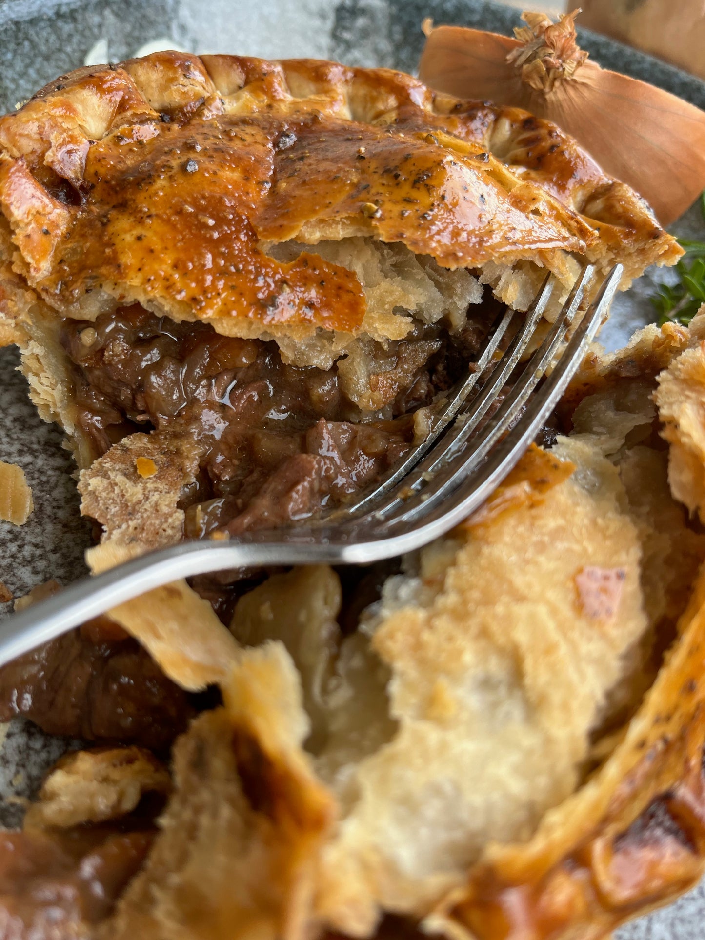 Chuck steak, onion and Devon Dumpling ale